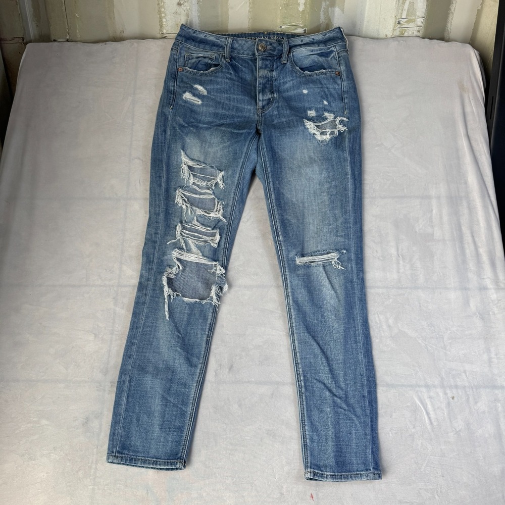 American Eagle Outfitters Womens Straight Jeans Blue Denim Distressed Comfort 4